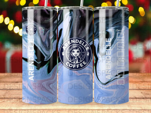 Arendelle Coffee tumbler with blue and white marbled design and coffee menu icons.