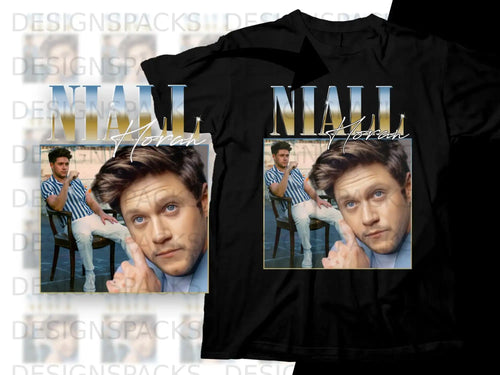 Niall Horan posing on a chair, printed on black t-shirts.