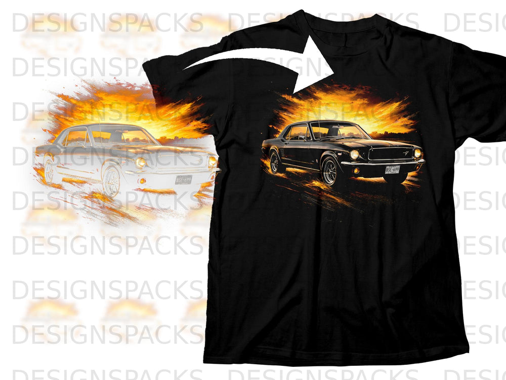 Black t-shirt with a graphic of a vintage black Mustang driving through flames.
