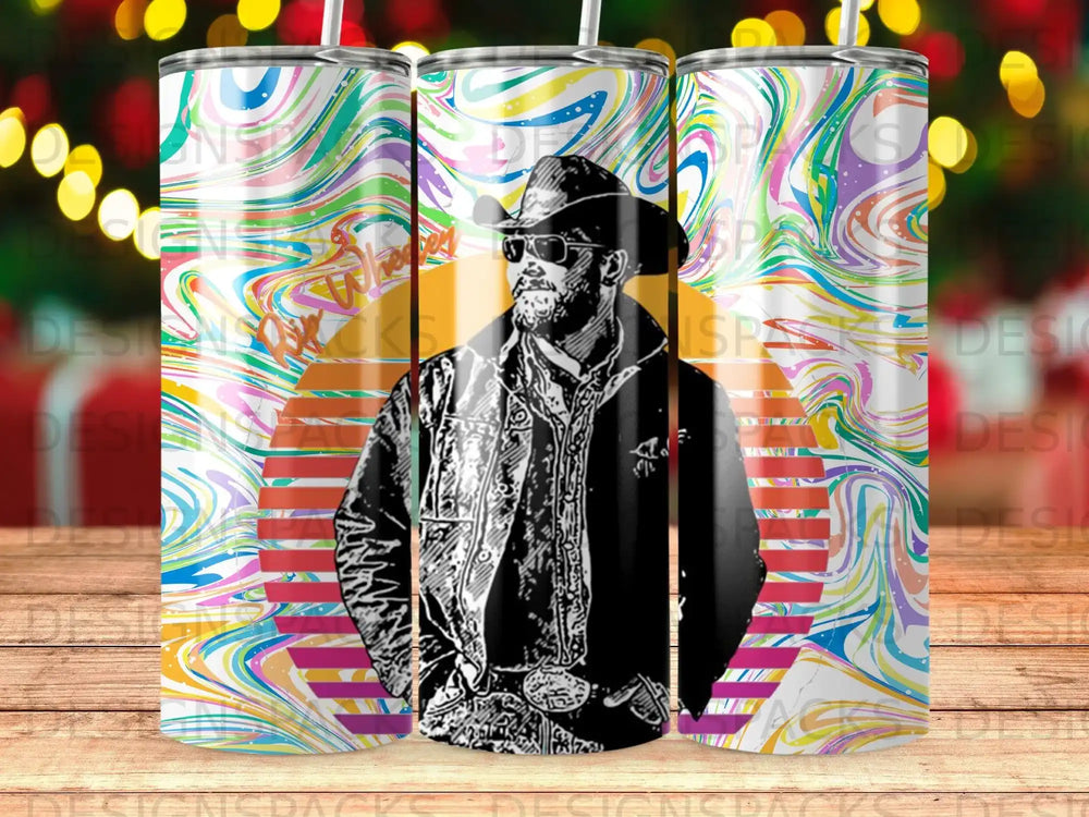 Man in cowboy hat and leather jacket with colorful abstract background.