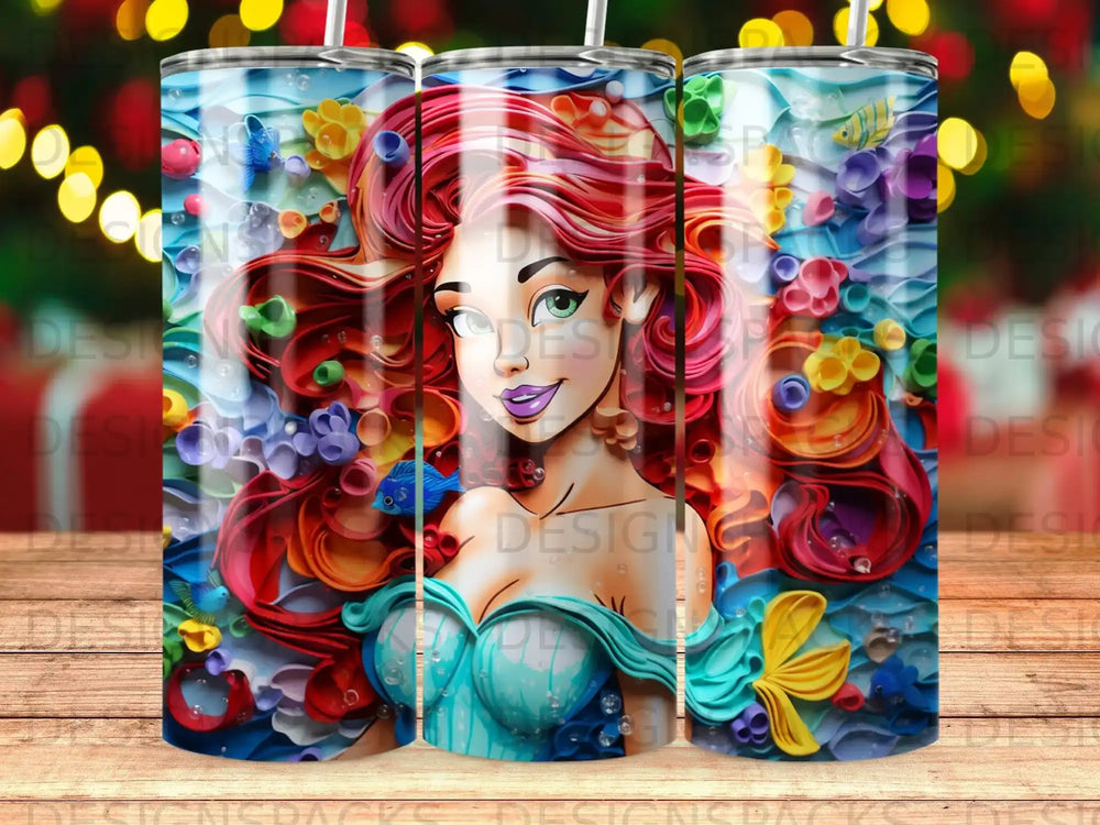 Cartoon mermaid with red hair surrounded by colorful coral and sea life.