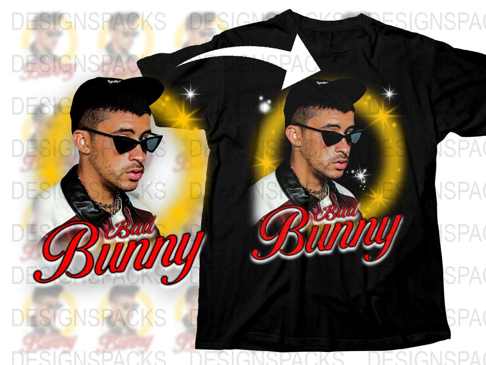 Bad Bunny Inspired Graphic T-Shirt, Artist Merch, Unisex Black Tee with Star Graphics, Trendy Music Fan Apparel
