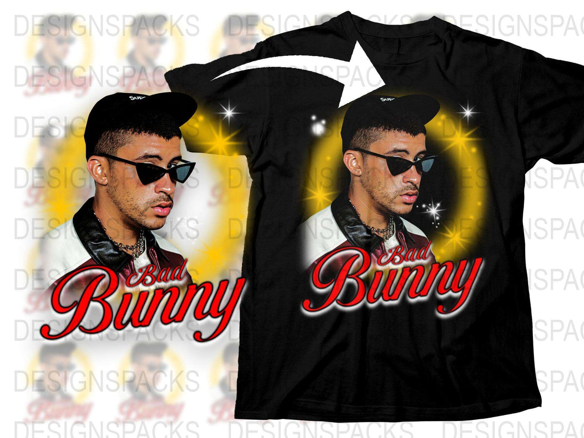 Bad Bunny Inspired Graphic T-Shirt, Artist Merch, Unisex Black Tee with Star Graphics, Trendy Music Fan Apparel