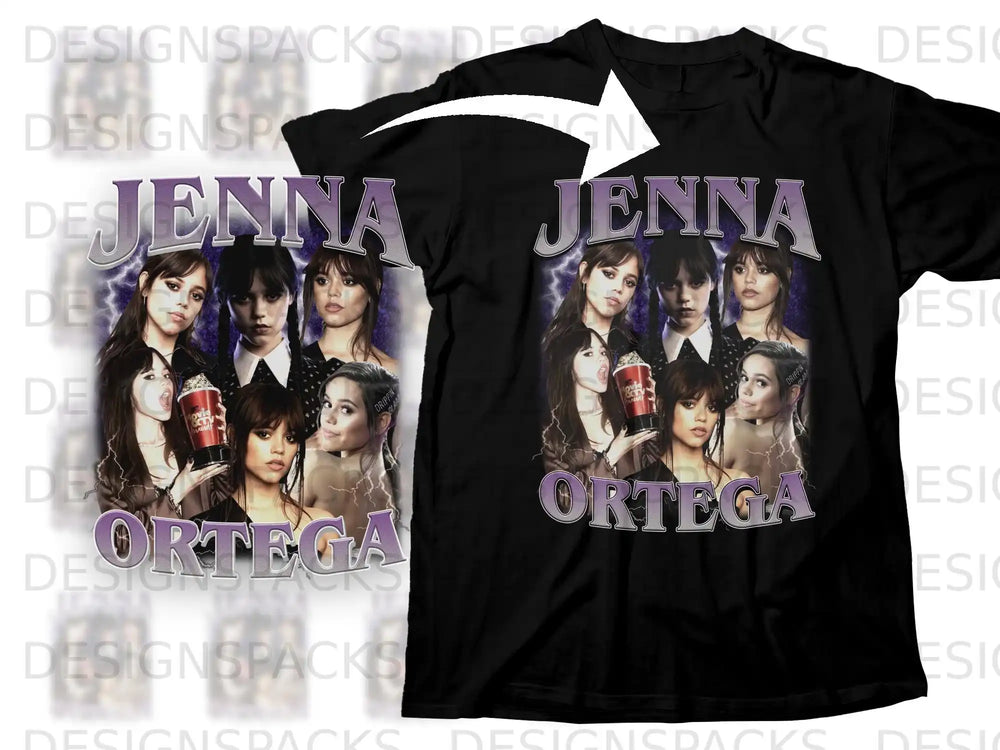 Jenna Ortega graphic t-shirt with "Drippin Glam" text and collage of her image.