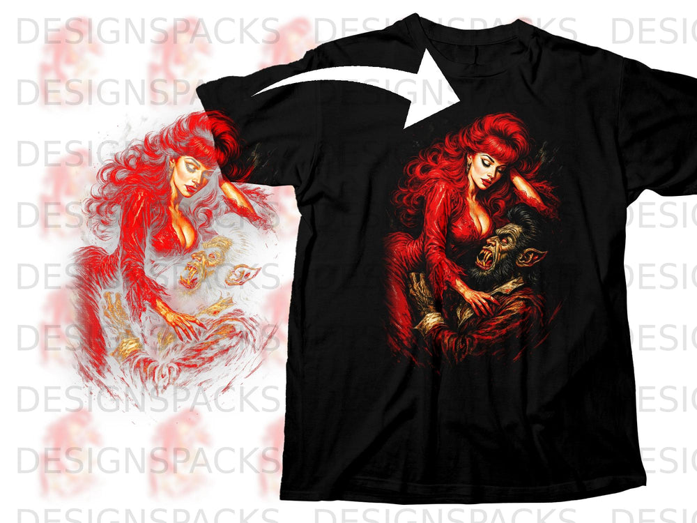 Black t-shirt featuring a woman with red hair embracing a werewolf.