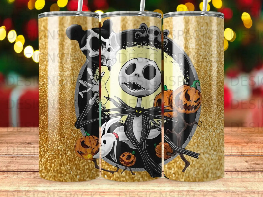 Jack Skellington and Zero with pumpkins on a glitter tumbler.