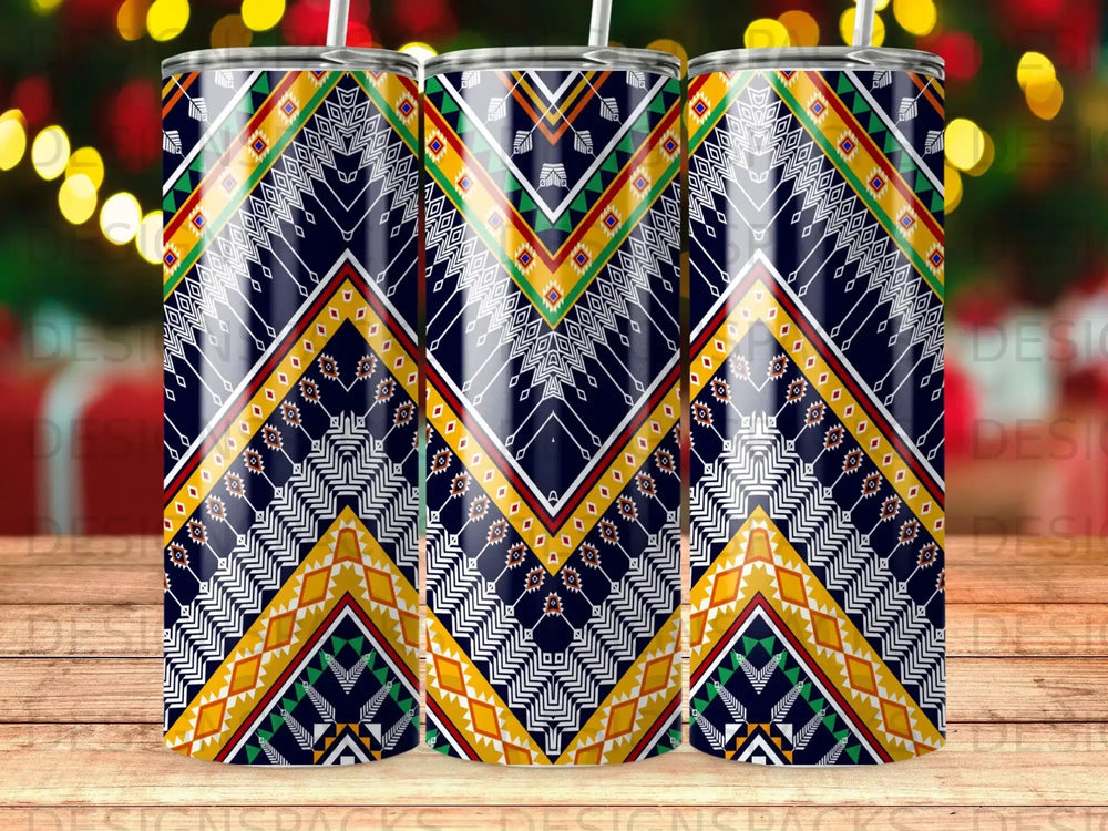 Blue tumbler with repeating geometric tribal pattern and yellow, white, and green accents.