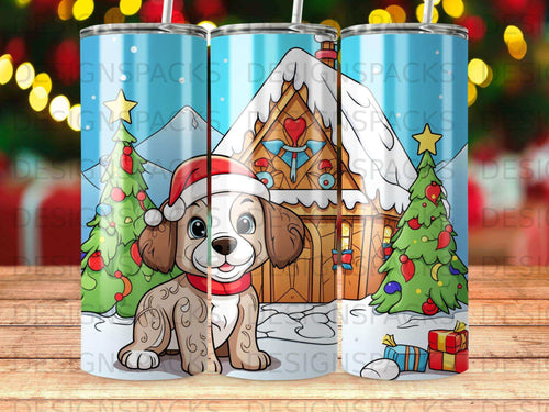 Brown puppy in Santa hat by gingerbread house and presents.