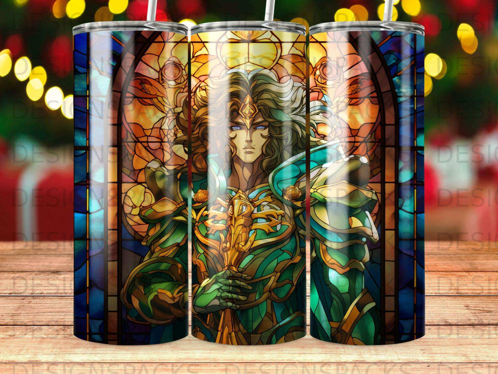 Stained glass art of a warrior holding a golden staff.