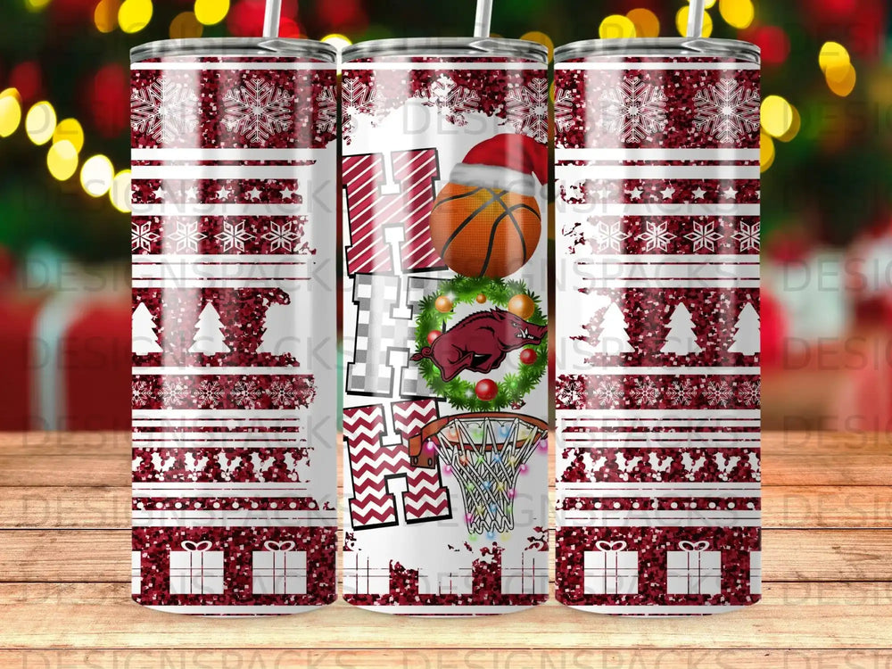 Christmas tumbler with "HOOPS" text, basketball, and Arkansas Razorbacks logo.