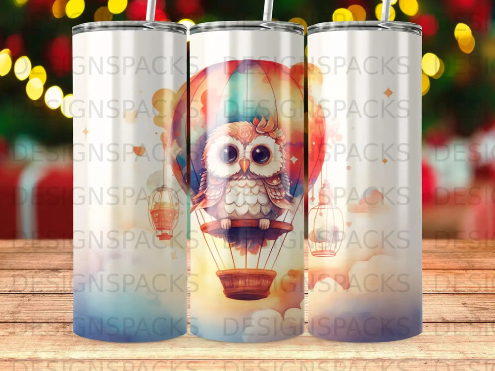 Owl in hot air balloon with colorful background, "DESIGNSPACKS" repeating watermark.