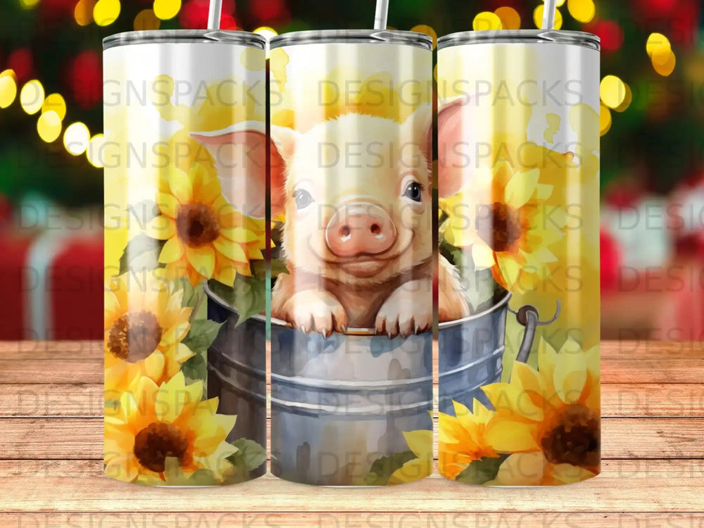 Pig in a bucket with sunflowers, surrounded by sunflower pattern.