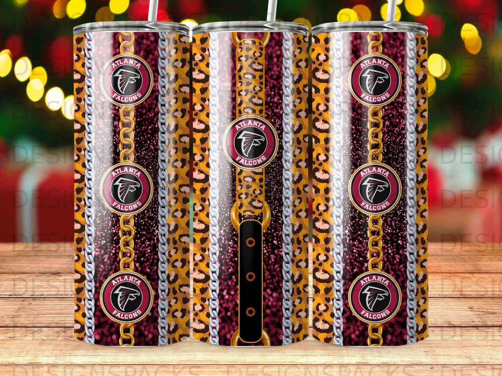 Atlanta Falcons tumbler with chain and leopard print pattern.