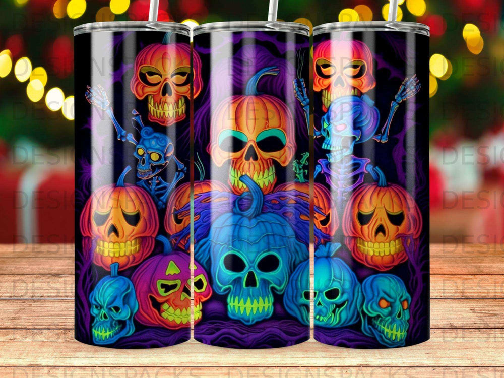 Halloween skulls and pumpkins with skeletons, on a purple background.