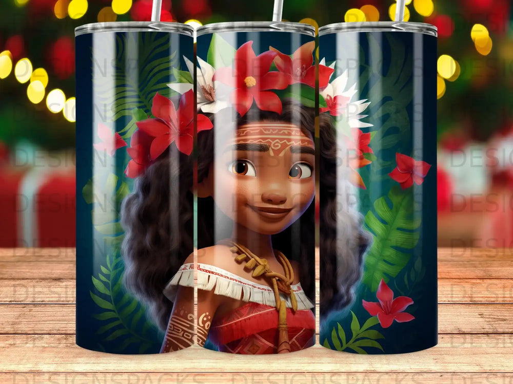 Moana character illustration with floral accents on a tall tumbler.