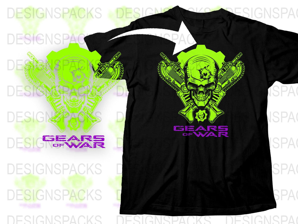 Gears of War T-Shirt, Neon Green Skull Print, Graphic Tee, Gamer Clothing, Men's Fashion, Unique Video Game Shirt