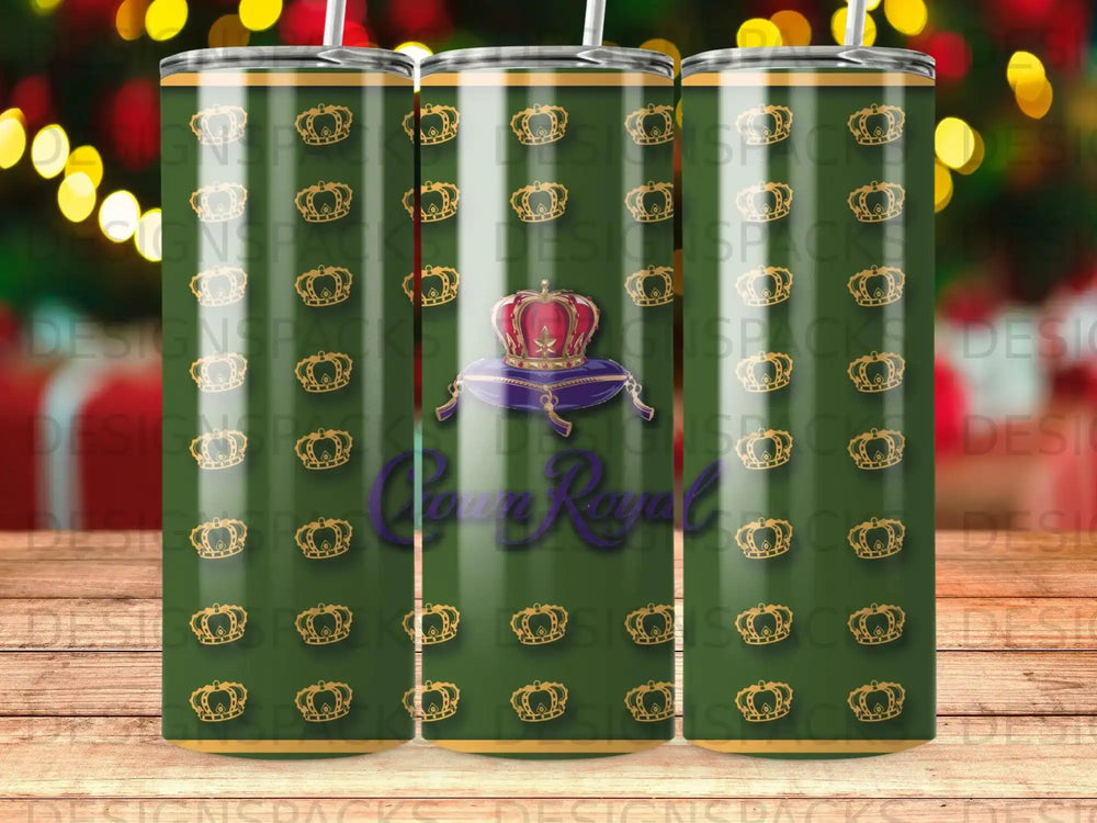 Green tumbler with Crown Royal logo and repeating gold crown pattern.