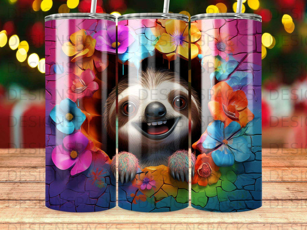 Smiling sloth peeking through colorful flowers on a rainbow-cracked background tumbler.
