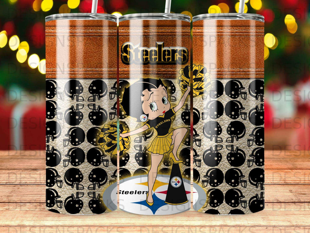 Betty Boop in Steelers uniform holding pom-poms on tumbler.