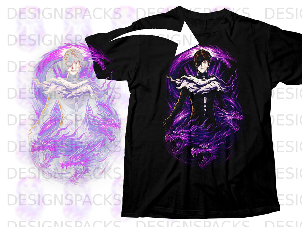 Black t-shirt with anime character and purple dragons design.