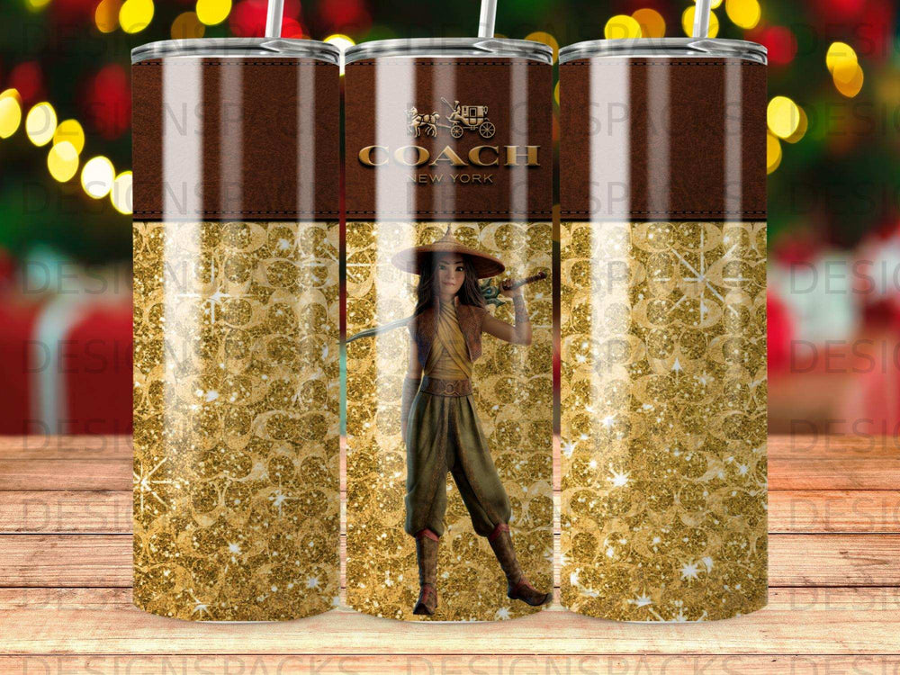 Coach New York tumbler with woman in a hat and wide-brimmed pants.