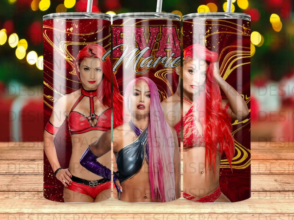 Wrestler Eva Marie in red and black wrestling attire with a sparkling background.