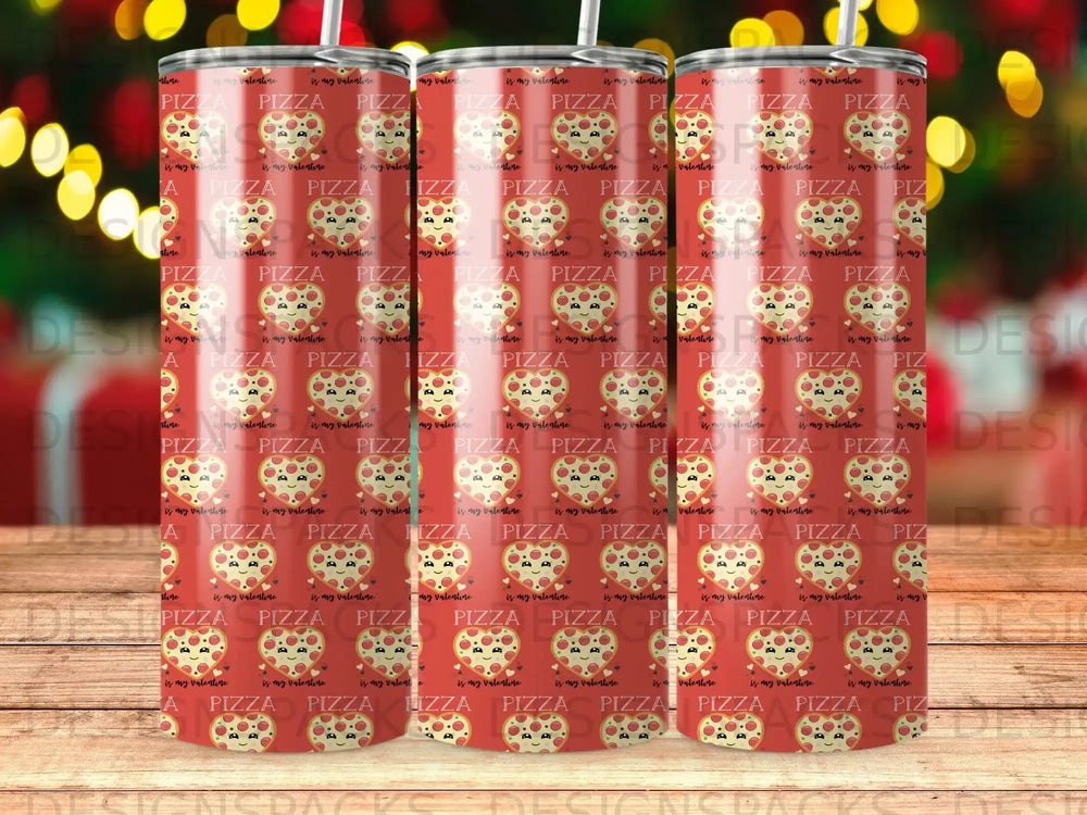 Triptych of tumblers with repeated pizza heart pattern and "is my valentine" text.
