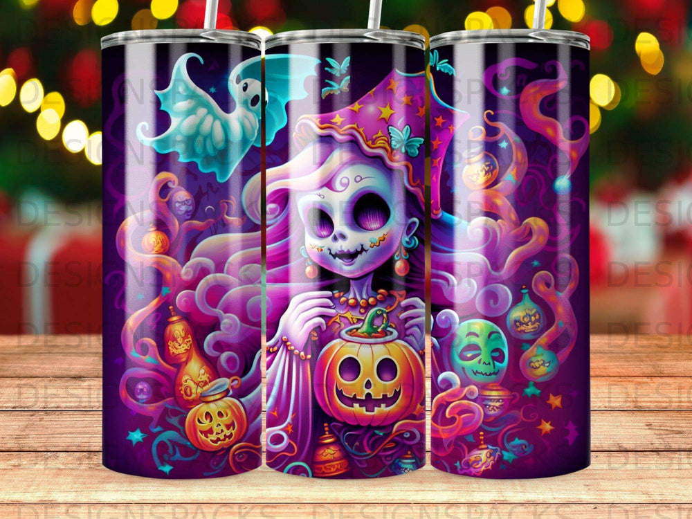 Halloween tumbler wrap with a skeleton witch holding a pumpkin and ghost.