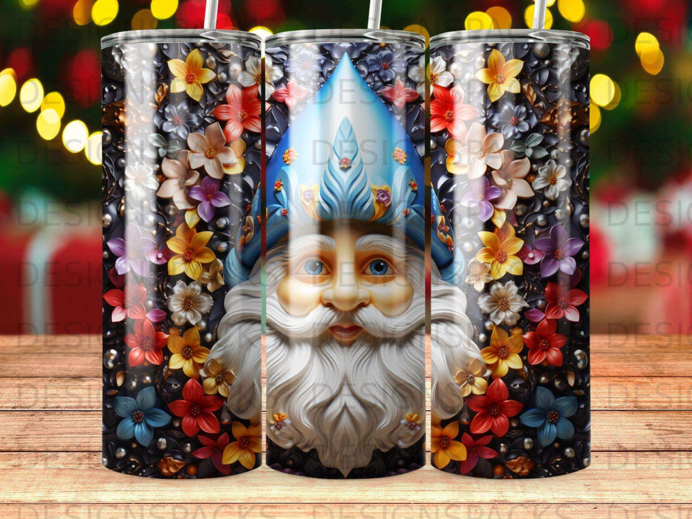 Santa Claus face with floral pattern tumbler.