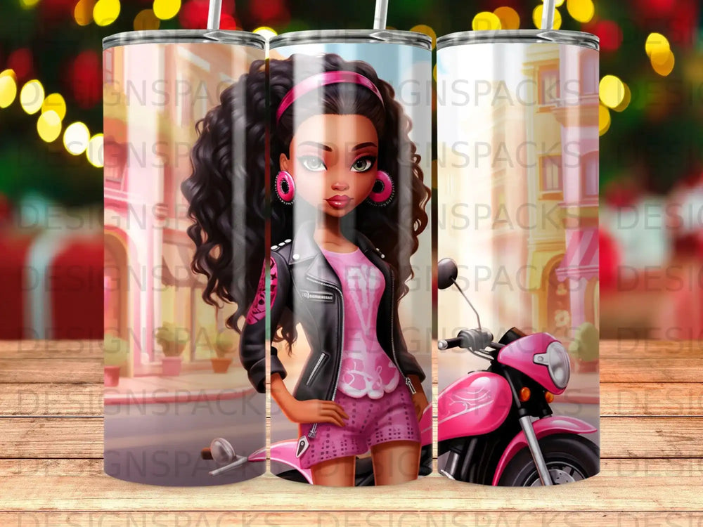 Pink motorcycle and stylized Black woman in leather jacket and pink shorts.