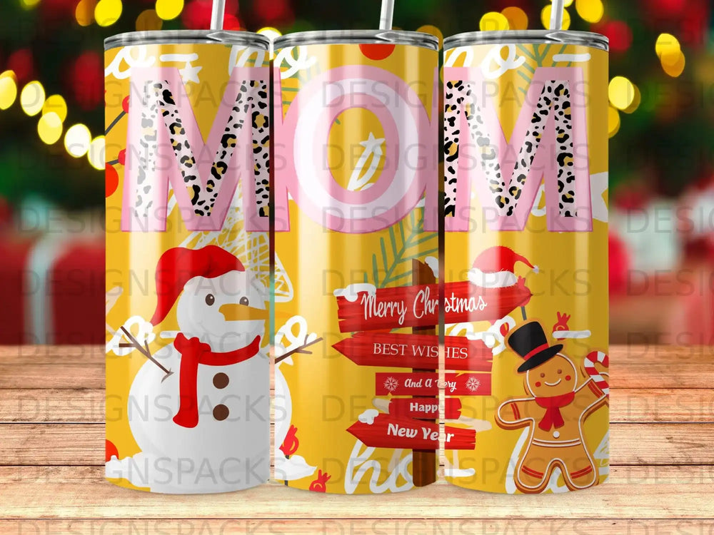 Yellow tumbler with "Merry Christmas" and snowman, gingerbread man, and "Happy New Year" text.