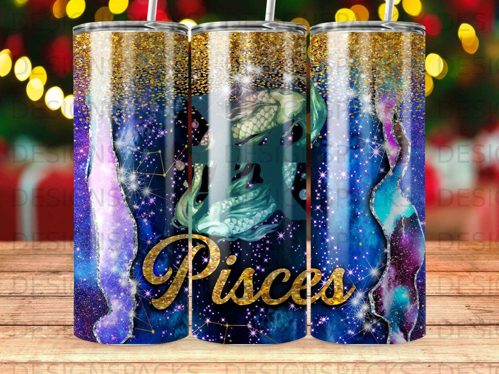 Pisces zodiac sign on a starry background with glitter accents.