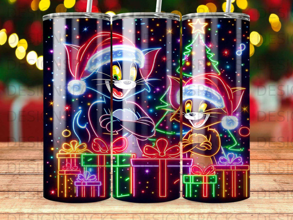 Tom and Jerry in Santa hats with Christmas gifts and tree, neon glow effect.
