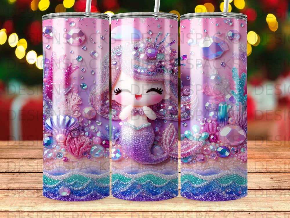 Kawaii mermaid with purple tail on sparkly ocean background.