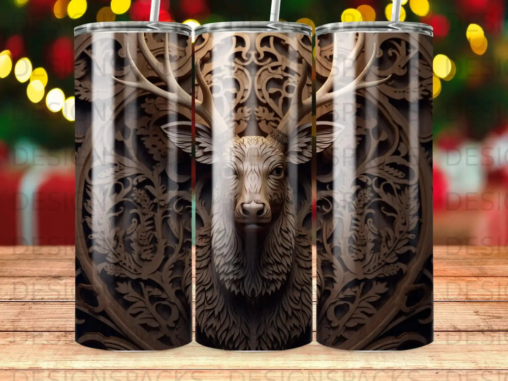 Wooden carved deer head with intricate swirling patterns on a tumbler.