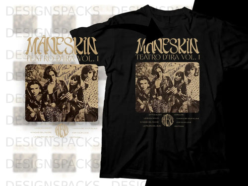 Maneskin Teatro d'IRA Vol. 1 black t-shirt with band photo and song titles.