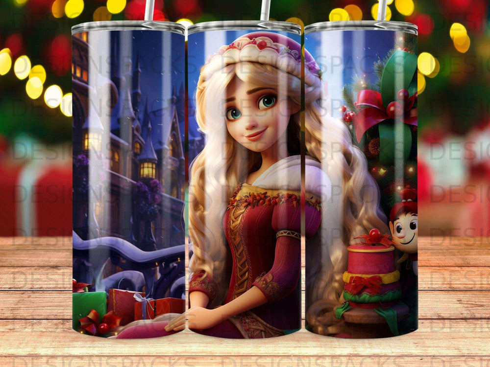 Rapunzel with blonde hair and a red dress, surrounded by gifts and a castle.
