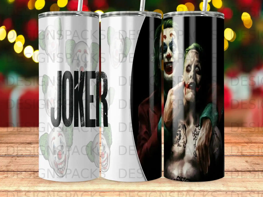 Joker character in makeup, holding a crowbar, dark background.