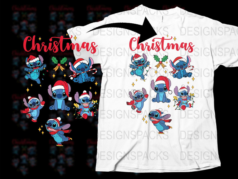 Christmas Stitch T-Shirt, Cute Lilo and Stitch Holiday Tee, Festive Cartoon Characters Apparel