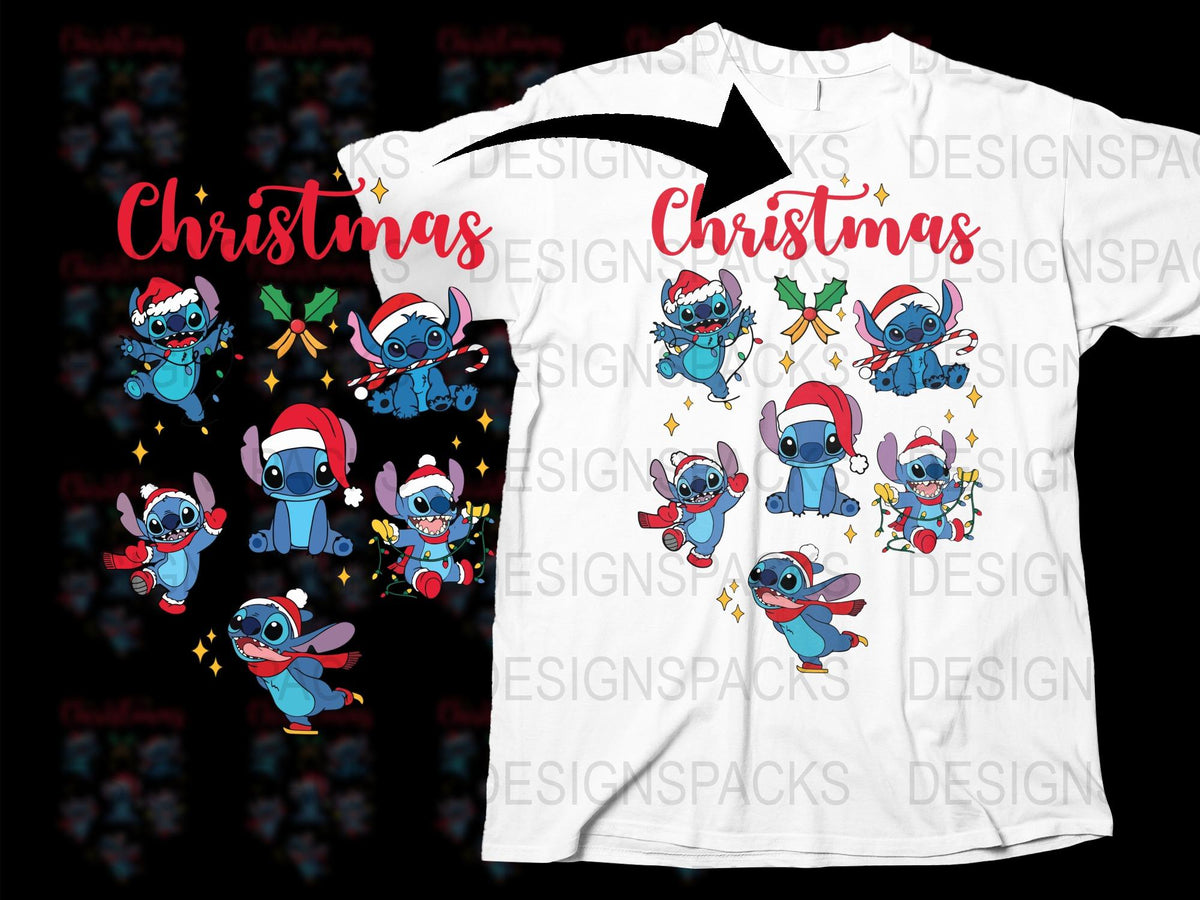 Christmas Stitch T-Shirt, Cute Lilo and Stitch Holiday Tee, Festive Cartoon Characters Apparel