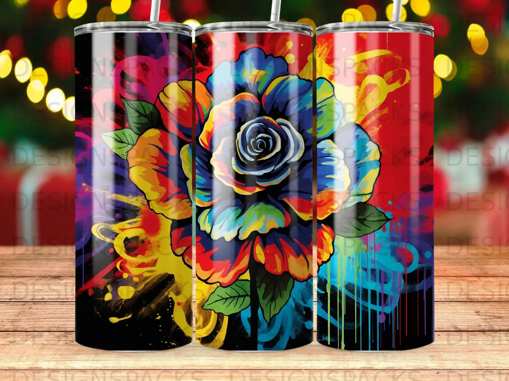 Colorful rose tumbler with abstract paint splatters.