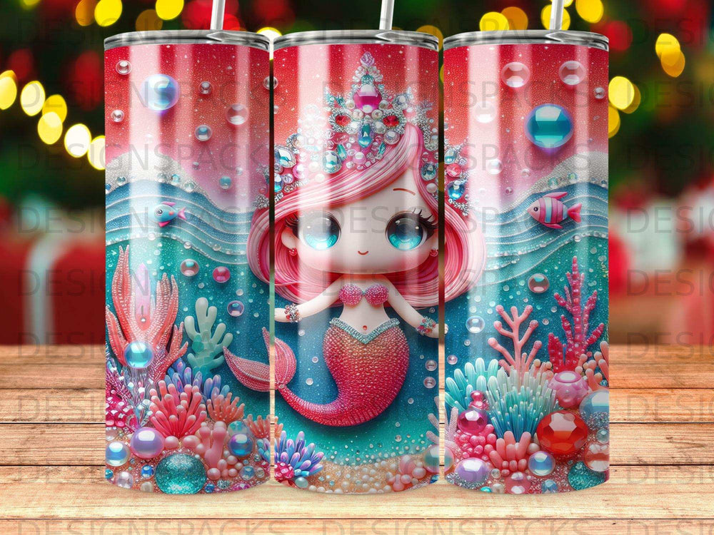 Mermaid with pink hair and tail, surrounded by coral and bubbles.