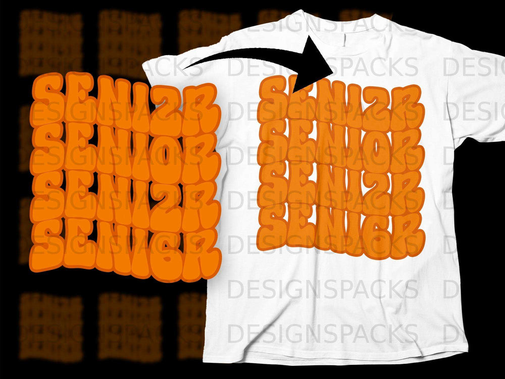 Orange "SENIOR 2023" graphic and a white t-shirt with the same design.