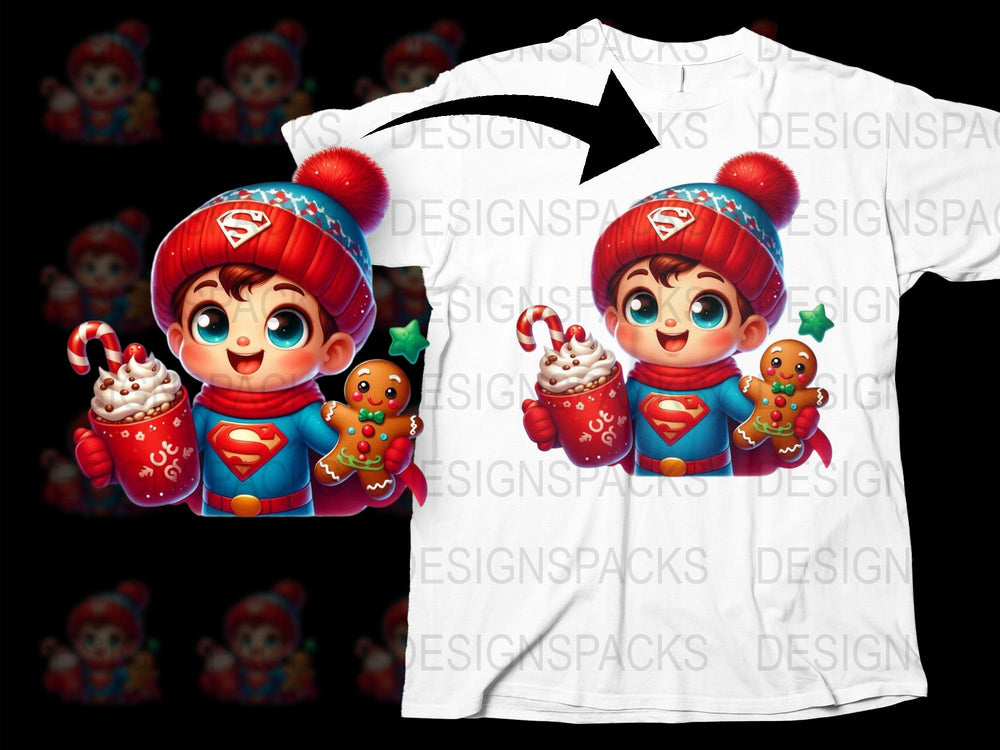 Cute Cartoon Boy Winter Holiday T-Shirt, Christmas Themed Kids Apparel with Red Hat and Hot Chocolate Design