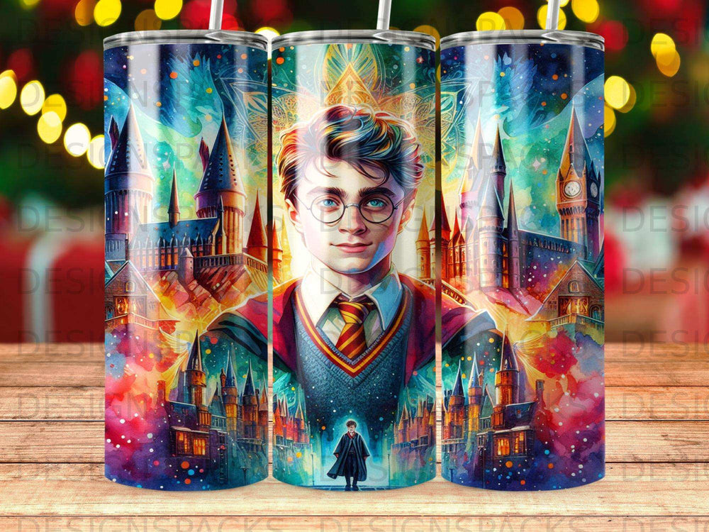 Harry Potter character with Hogwarts castle in colorful, vibrant background.
