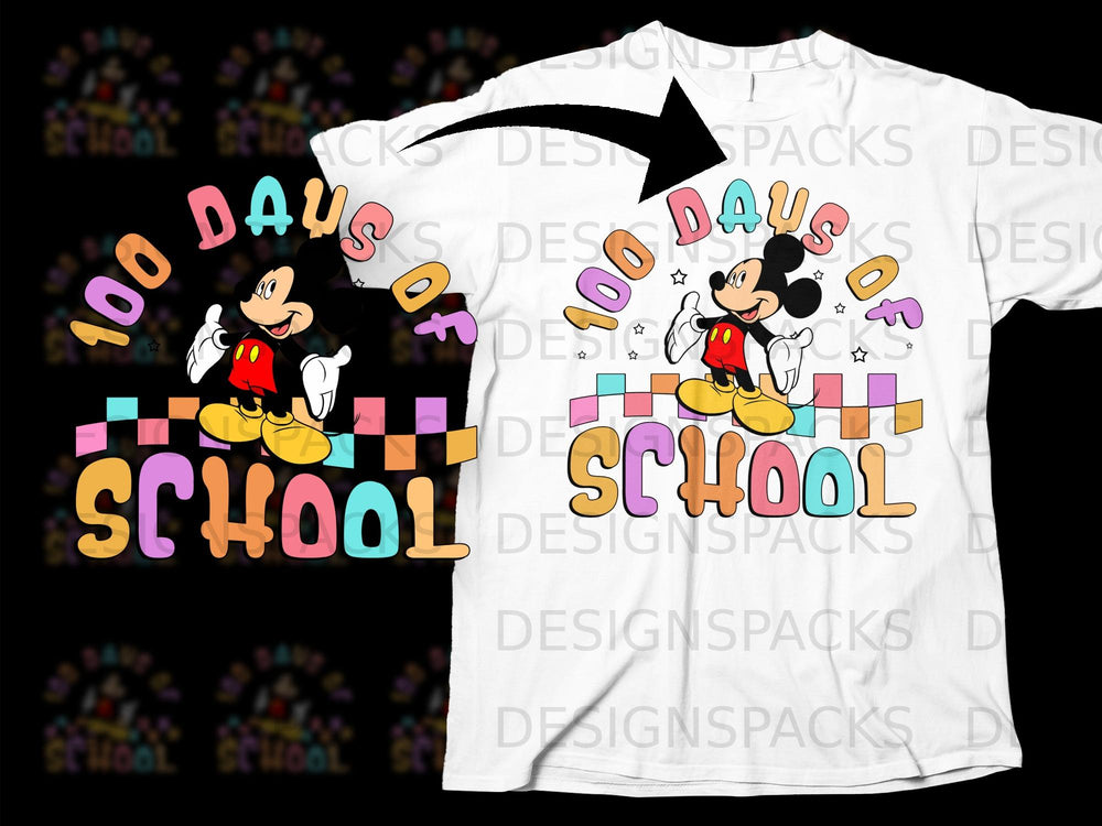 Mickey Mouse celebrates 100 days of school with colorful text and checkerboard pattern.