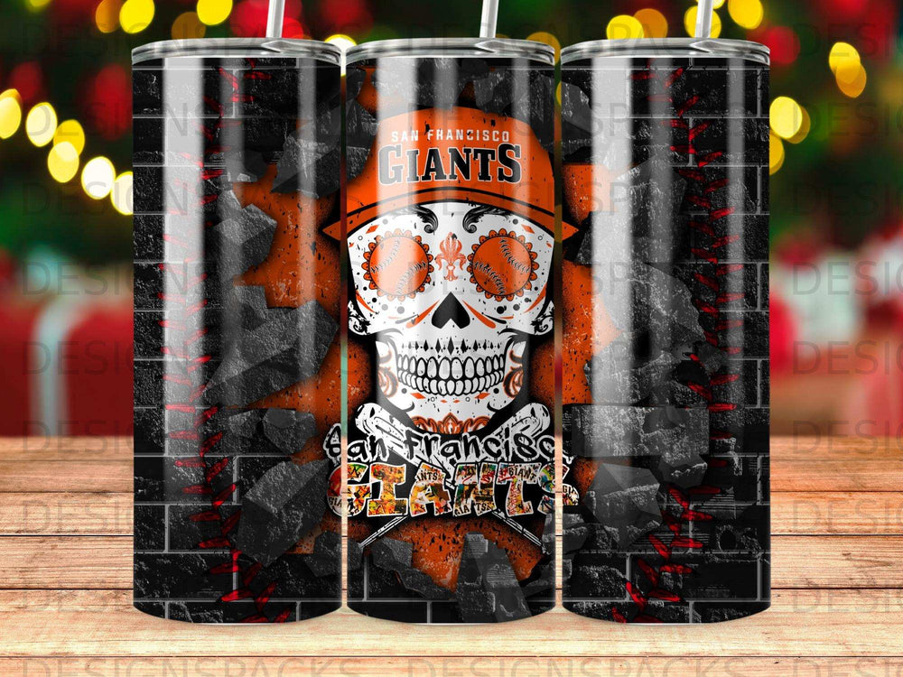 San Francisco Giants skull design on a black brick pattern tumbler.