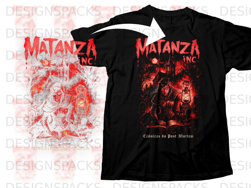 Black t-shirt with "Matanza Inc." and "Crônicas do Post Mortem" text and red gothic art.