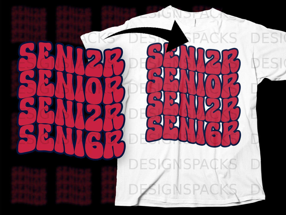 White t-shirt mockup with bold red "SENIOR" text in a repeating pattern.