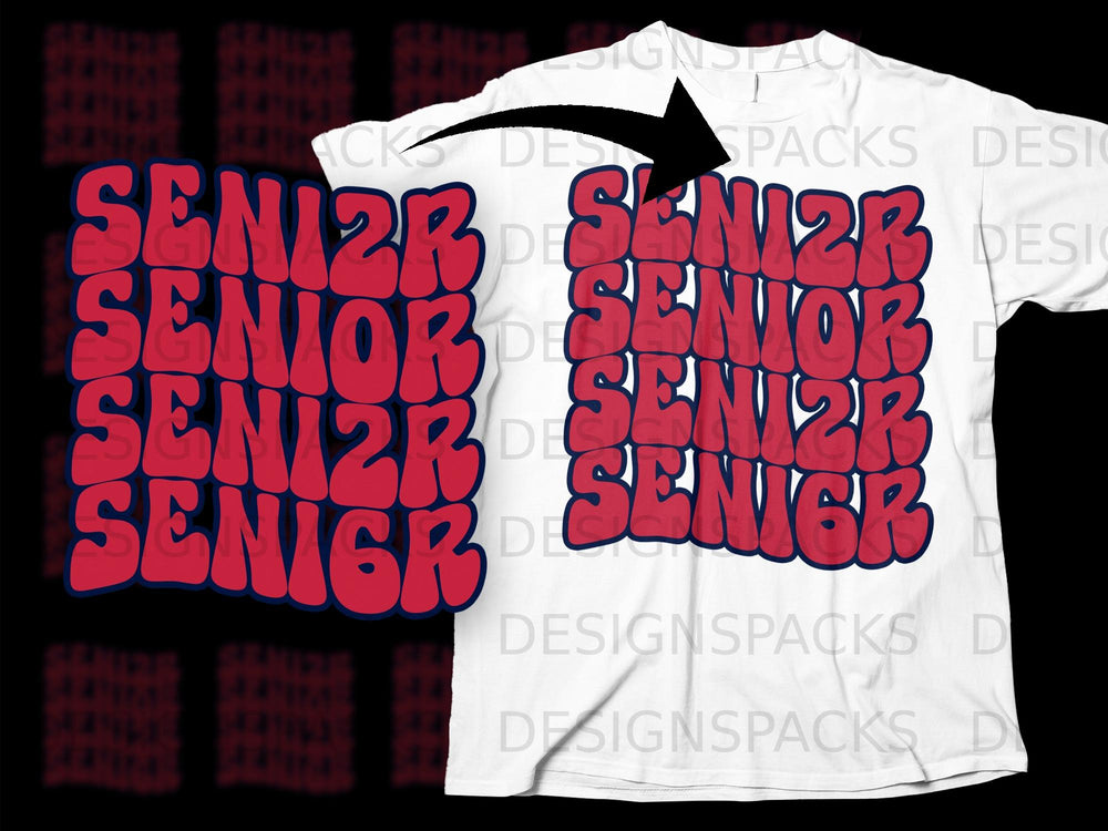 White t-shirt mockup with bold red "SENIOR" text in a repeating pattern.